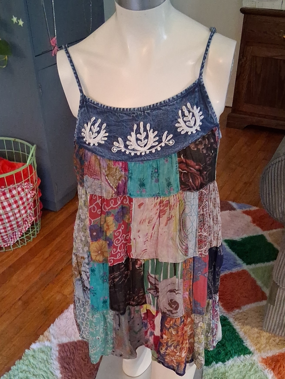 Boho Patchwork Tiered Spaghetti Strap Tunic Camisol Top - Blue Denim Yoke